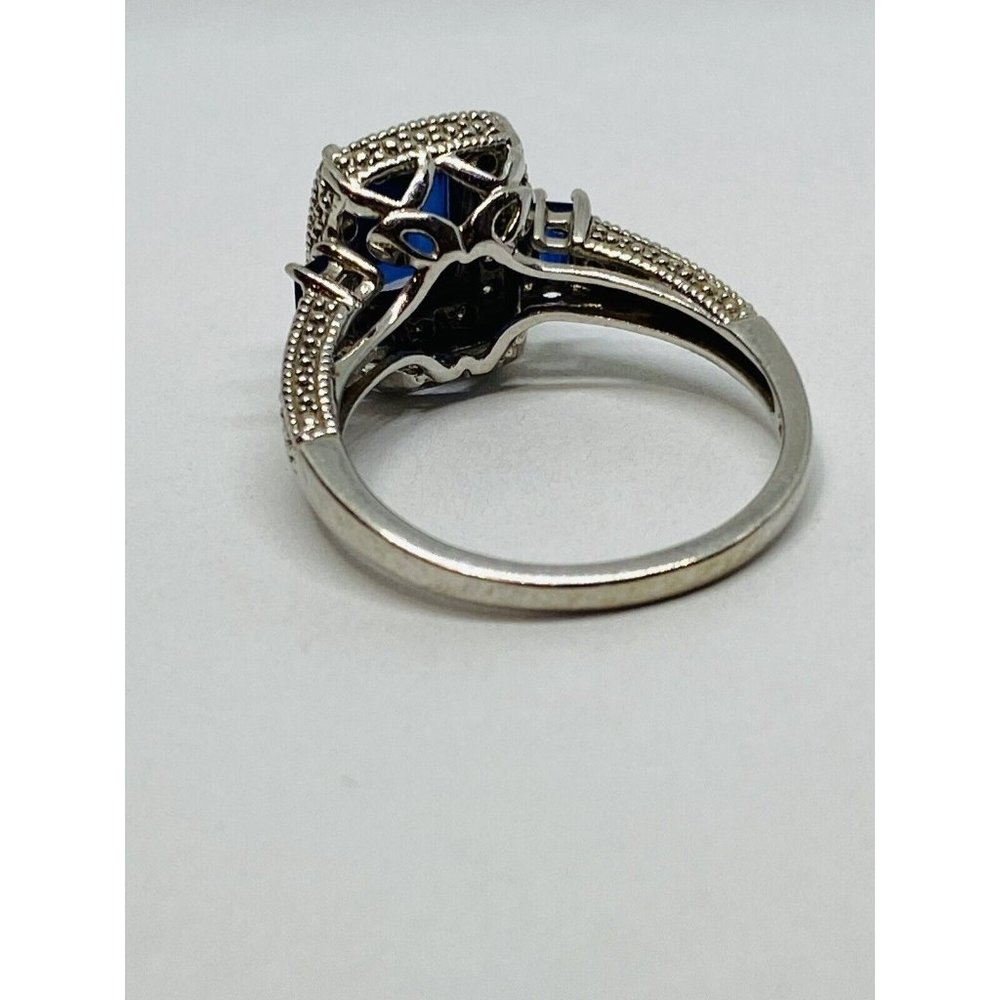 10k White Gold Blue Sapphire & Diamond Halo Ring Signed FLI Size 6.75 - Picture 5 of 12